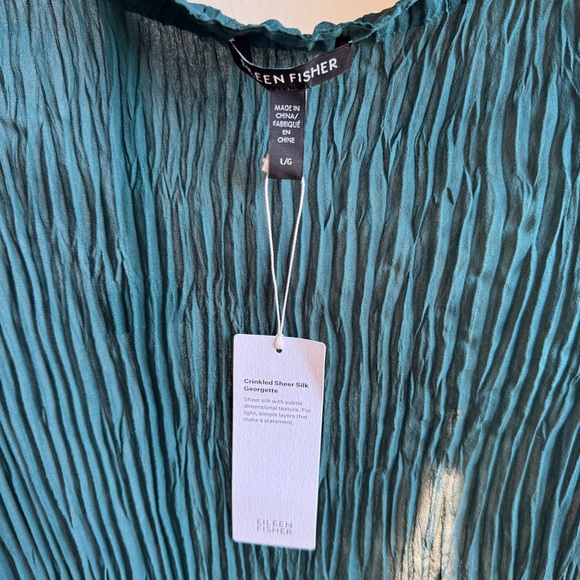 NWT EILEEN FISHER Crinkled Sheer Silk Georgette Bateau Neck Long Top Sz L - Picture 7 of 11